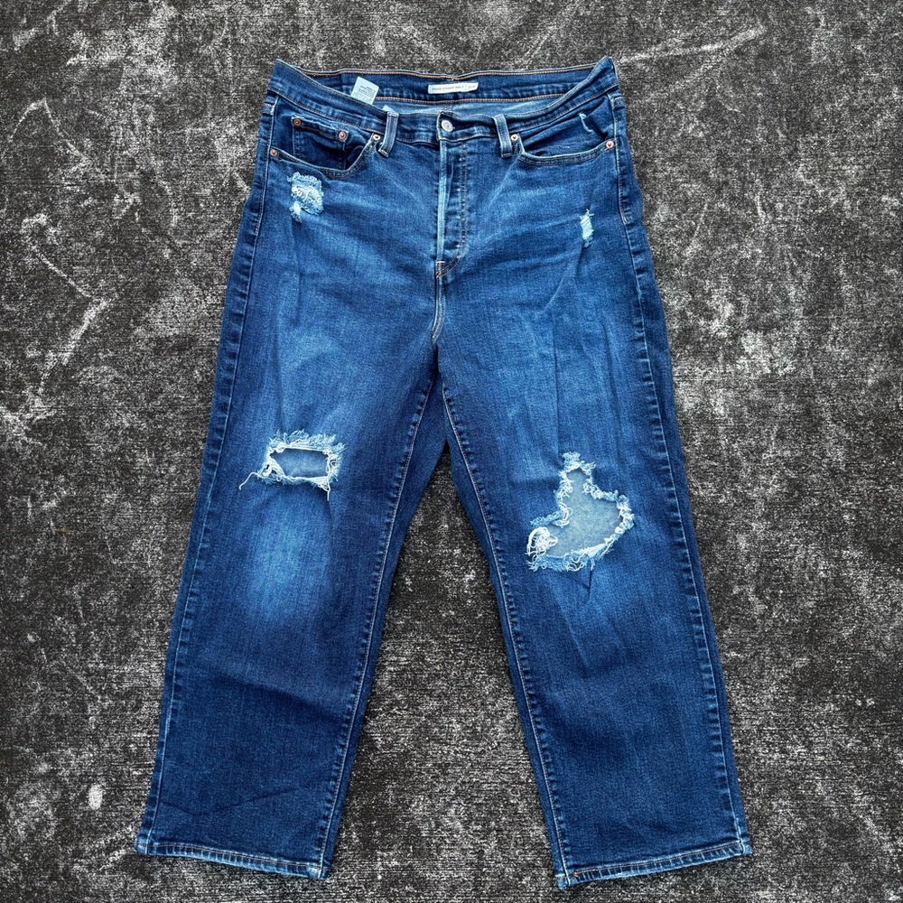 Levi's Dark Blue Distressed Straight Leg Jeans